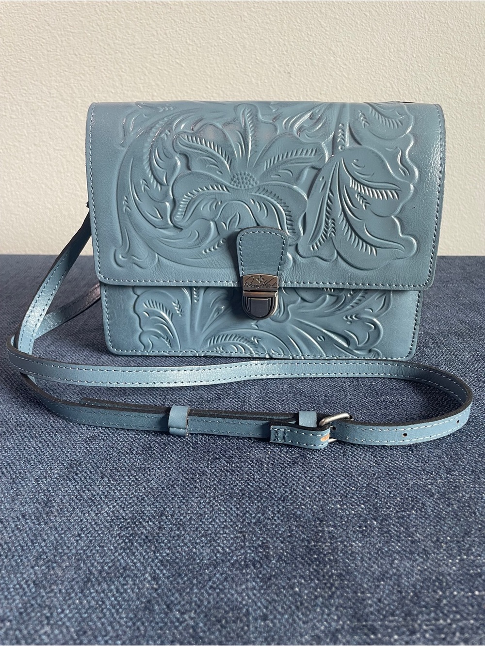 Patricia Nash Light Blue Floral Tooled Leather Crossbody